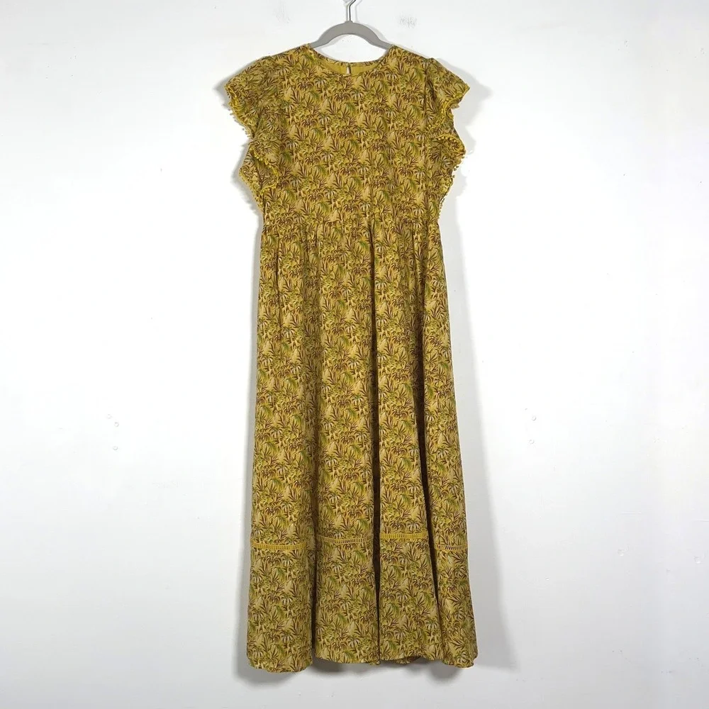 Ann Taylor Yellow Tropical Palm Print Maxi Dress Flutter Sleeve Pom‎ Pom Medium